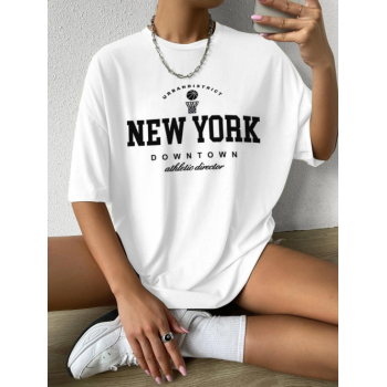 Fashion Women Tees Letter NEW YORK Graphic Printed Short Sleeve Oversized T-shirt L White