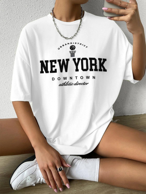 Fashion Women Tees Letter NEW YORK Graphic Printed Short Sleeve Oversized T-shirt L White