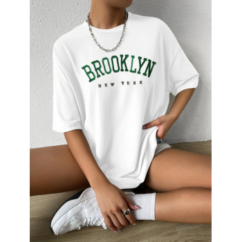 Fashion Women Tees Letter BROOKLYN Embroidered Short Sleeve Oversized T-shirt L White