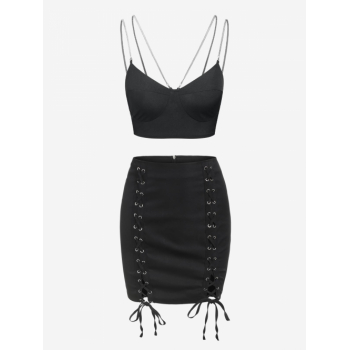 Bustier Cropped Chain Straps Cami Top and Lace Up Solid Mini Skirt Set Black