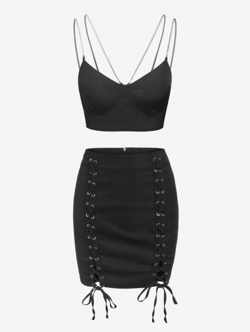 Bustier Cropped Chain Straps Cami Top and Lace Up Solid Mini Skirt Set Black