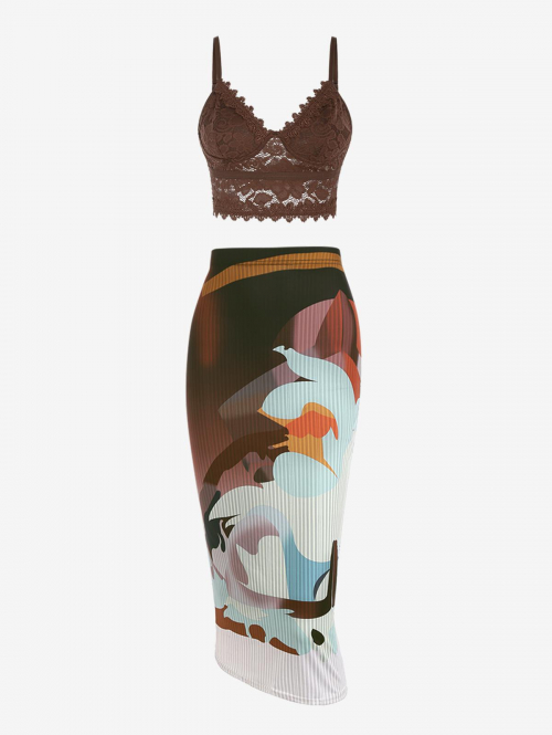 Guipure Lace Hollow Out Cropped Tank Top and High Waisted Abstract Print Midi Skirt Set Coffee