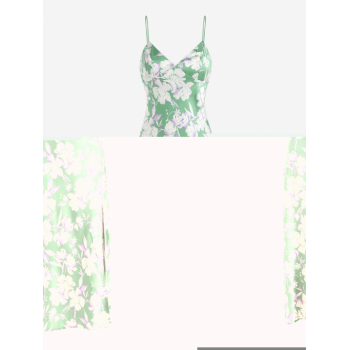 Mini Dress Satin Floral Print Thigh Split Bungee Strap Midi Dress M Green