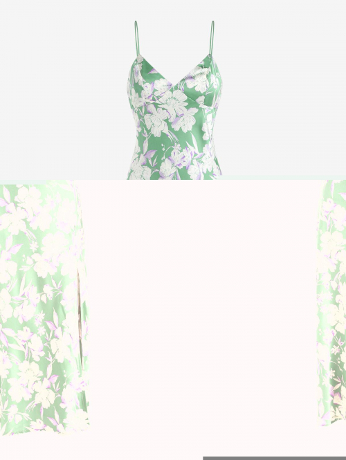 Mini Dress Satin Floral Print Thigh Split Bungee Strap Midi Dress M Green