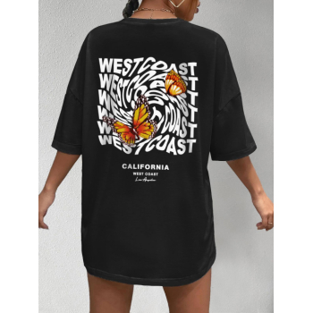 Fashion Women Tees Letter Butterfly CALIFORNIA WEST COAST Graphic Printed Short Sleeve Oversized T-shirt L Black