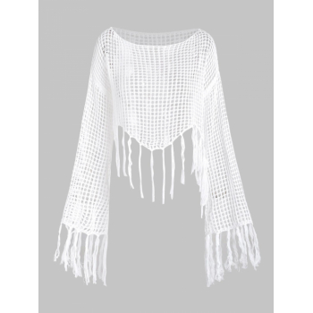 Women Blouses Tassels Hanky Hem Openwork Long Sleeves Beach Cover Up Crochet Top S White