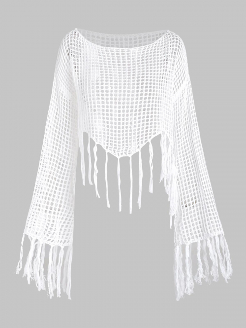 Women Blouses Tassels Hanky Hem Openwork Long Sleeves Beach Cover Up Crochet Top S White