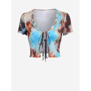 Women Blouses ZAFUL Lettuce Trim Tie Front Tie Dye Cropped Top L