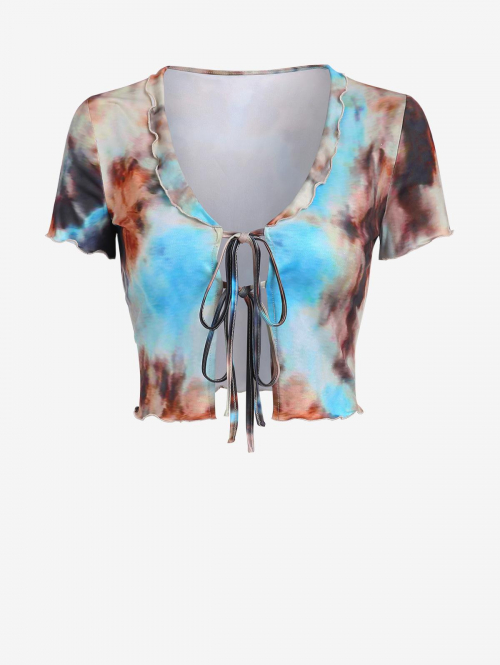 Women Blouses ZAFUL Lettuce Trim Tie Front Tie Dye Cropped Top L