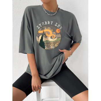 Fashion Women Tees Letter Graphic Printed Short Sleeve Oversized T-shirt Xl Gray