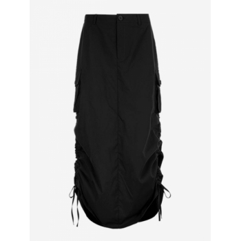 Cinched Back High Slit Low Waist Maxi Parachute Skirt M Black