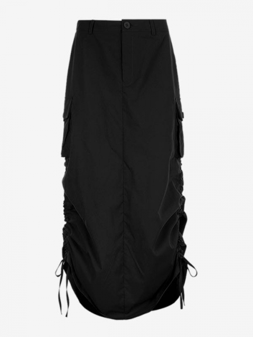 Cinched Back High Slit Low Waist Maxi Parachute Skirt M Black