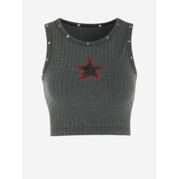 Women Tank Tops Star Studded Fishnet Panel Embroidered Ribbed Crop Tank Top M Gray