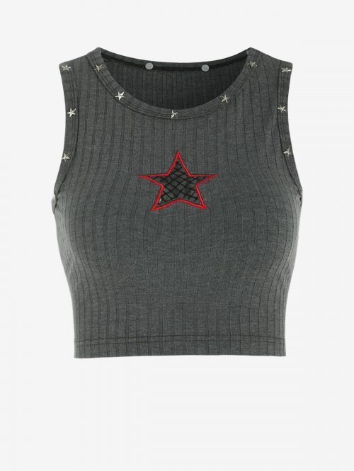 Women Tank Tops Star Studded Fishnet Panel Embroidered Ribbed Crop Tank Top M Gray