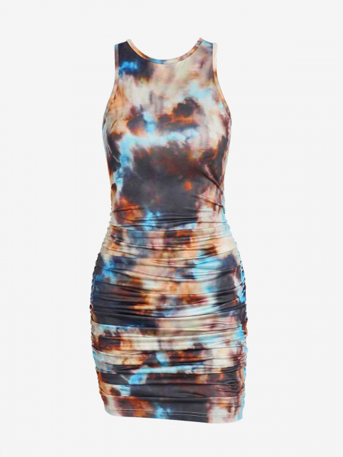 Mini Dress ZAFUL O Ring Backless Abstract Print Ruched Mini Tank Dress L