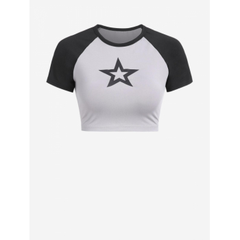 Fashion Women Tees ZAFUL Raglan Sleeve Cropped Star Colorblock Baby Baseball Tee M Gray