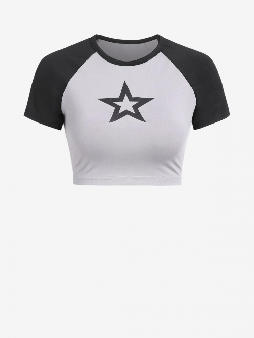 Fashion Women Tees ZAFUL Raglan Sleeve Cropped Star Colorblock Baby Baseball Tee M Gray