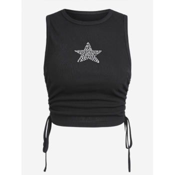 Women Tank Tops ZAFUL Cropped Star Rhinestones Ribbed Cinched Side Tank Top M Black