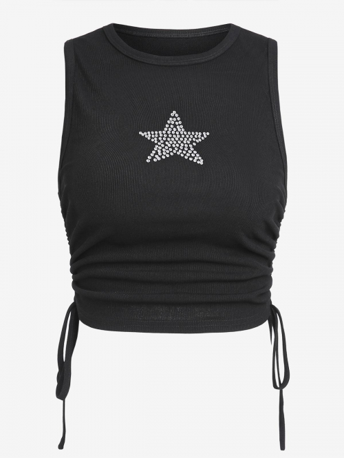 Women Tank Tops ZAFUL Cropped Star Rhinestones Ribbed Cinched Side Tank Top M Black