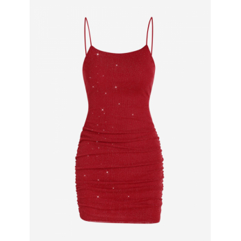 Mini Dress Sparkle Glitter Metallic Jersey Cut Out Ruched Slinky Cami Vegas Dress M Red