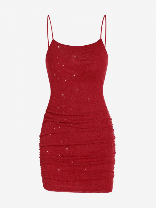 Mini Dress Sparkle Glitter Metallic Jersey Cut Out Ruched Slinky Cami Vegas Dress M Red