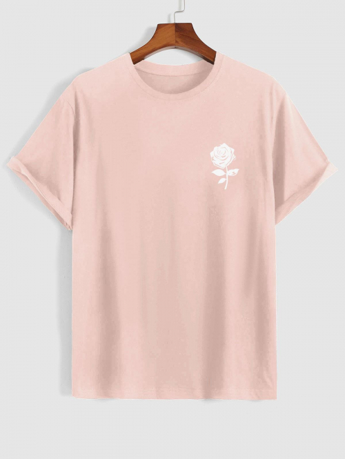 Short Sleeve Rose Print T-shirt Xl Light pink