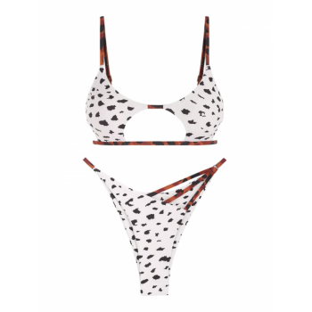 ZAFUL Animal Print Cut Out Strappy Bikini Swimwear M White