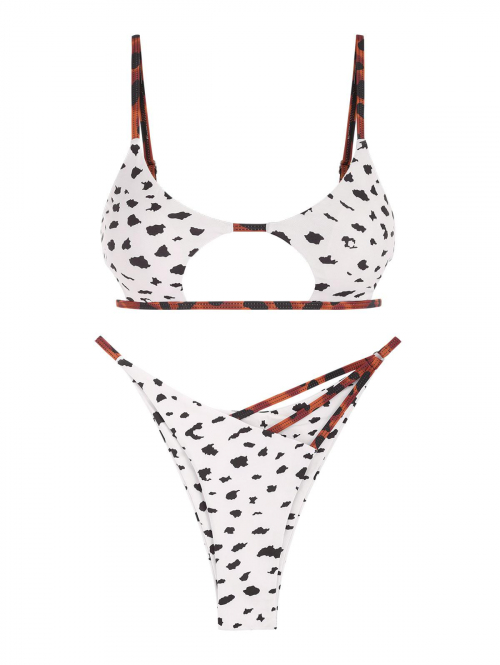 ZAFUL Animal Print Cut Out Strappy Bikini Swimwear S White