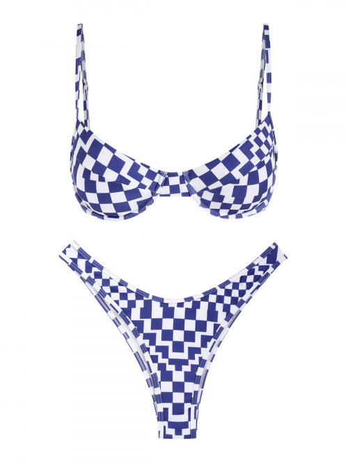 ZAFUL Ribbed Plaid High Cut Underwire Balconette Bikini Swimwear S Blue