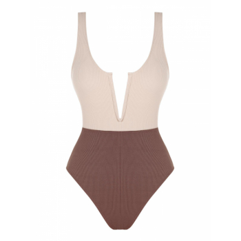 ZAFUL V-wired Two Tone Ribbed One-piece Swimsuit M Light coffee