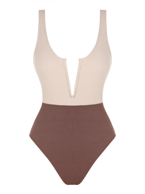 ZAFUL V-wired Two Tone Ribbed One-piece Swimsuit M Light coffee