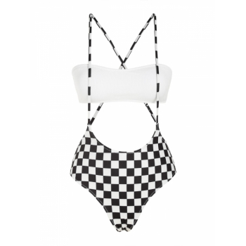 ZAFUL Checkerboard Print Criss Cross Ribbed Suspender Bikini Swimwear M White