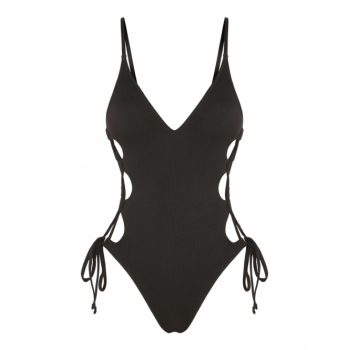 ZAFUL Spaghetti Strap Lace-up Padded Cheeky One-piece Swimsuit Tummy Control Swimwear L Black