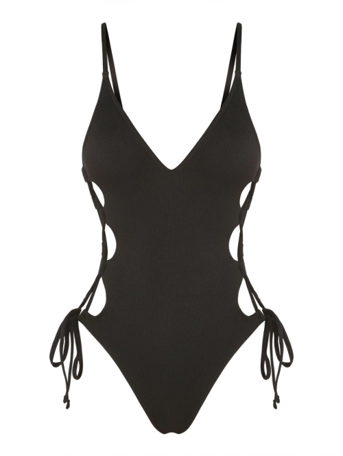 ZAFUL Spaghetti Strap Lace-up Padded Cheeky One-piece Swimsuit Tummy Control Swimwear M Black