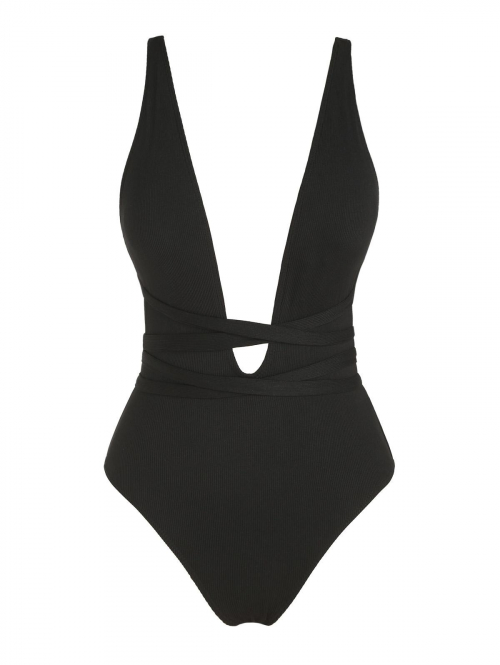 ZAFUL Ribbed Criss Cross Floss One-piece Swimsuit L Black