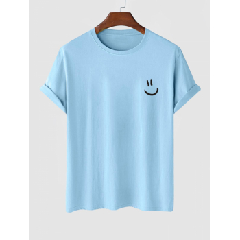 ZAFUL Men's Men's Cartoon Smile Face Printed Basic Short Sleeve Crew Neck 100% Cotton Summer T-shirt L Light blue