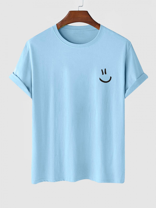 ZAFUL Men's Men's Cartoon Smile Face Printed Basic Short Sleeve Crew Neck 100% Cotton Summer T-shirt L Light blue