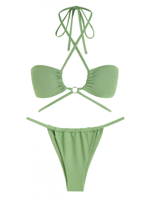 ZAFUL Criss Cross Halter Textured Floss Bikini Swimwear S Light green