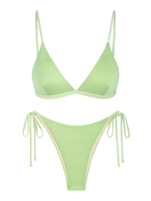 ZAFUL Shiny Silky Tie Side Tanga Bikini Swimwear M Light green