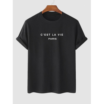 Men's Short Sleeve Crew Neck C'EST LA VIE PARIS Letter Printed Casual Summer T-shirt M Black