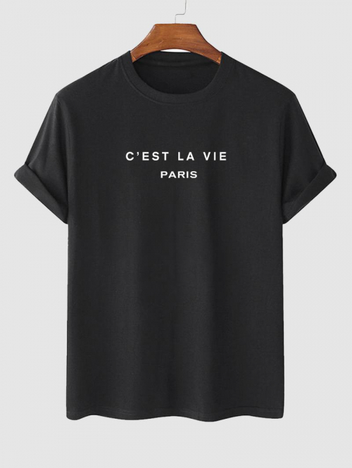 Men's Short Sleeve Crew Neck C'EST LA VIE PARIS Letter Printed Casual Summer T-shirt M Black