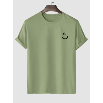 Men's Cartoon Smile Face Printed Basic Short Sleeve Crew Neck 100% Cotton Summer T-shirt L Green