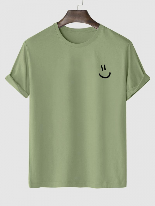 Men's Cartoon Smile Face Printed Basic Short Sleeve Crew Neck 100% Cotton Summer T-shirt L Green