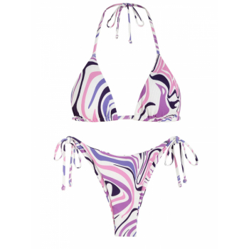 ZAFUL Ribbed Tie Side Swirl Print String Bikini Swimwear L Light purple