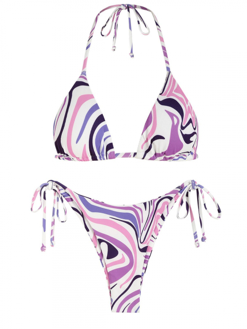 ZAFUL Ribbed Tie Side Swirl Print String Bikini Swimwear L Light purple