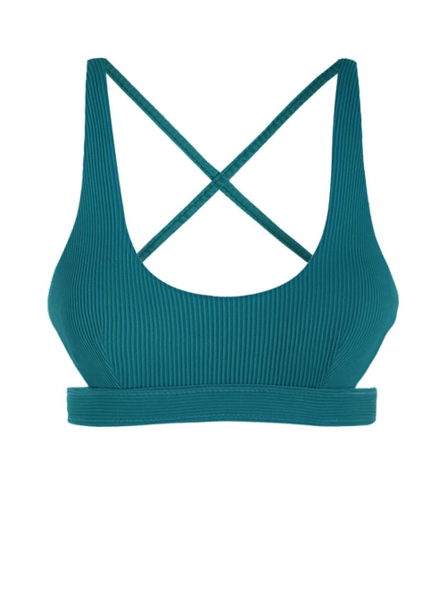 Ribbed Bicolor Cut Out Criss Cross Bikini Top M Blue