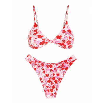 ZAFUL Floral Print Side Knot Bikini Swimwear M Light pink