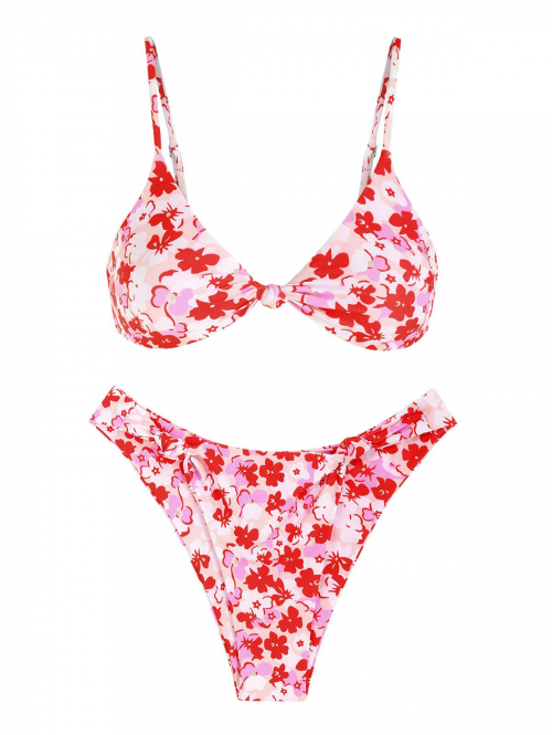 ZAFUL Floral Print Side Knot Bikini Swimwear M Light pink