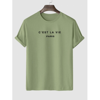 Men's Short Sleeve Crew Neck C'EST LA VIE PARIS Letter Printed Casual Summer T-shirt L Light green