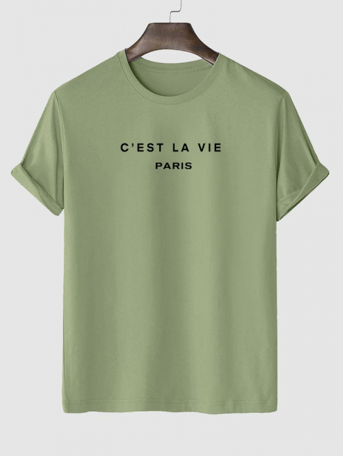 Men's Short Sleeve Crew Neck C'EST LA VIE PARIS Letter Printed Casual Summer T-shirt L Light green